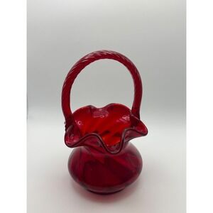 Vintage‎ Fenton Ruby Red Slag Glass Ruffled Basket Twisted Handle Swirl Pattern